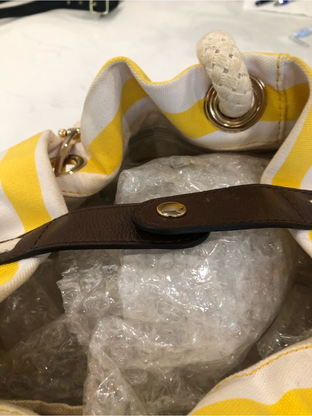 Michael Kors Yellow and White Striped Rope-Handle Tote - Picture 3 of 4